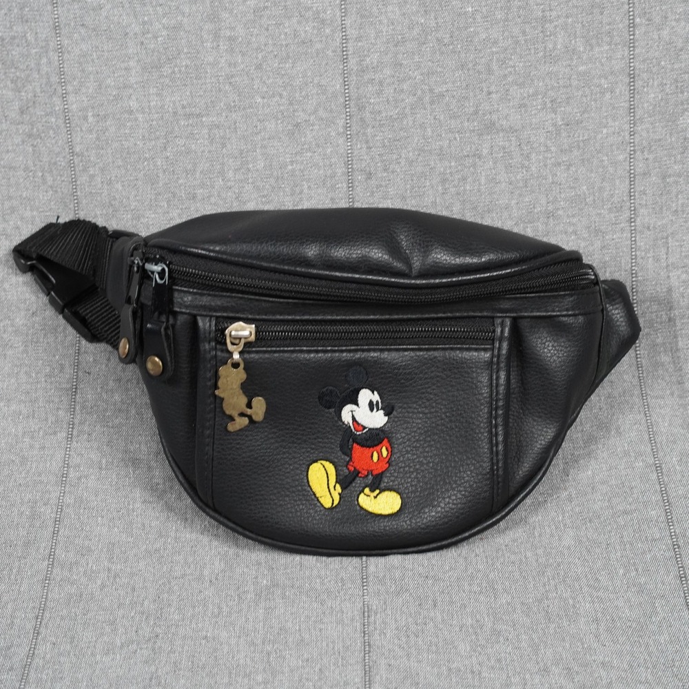 Vintage Disney Mickey Mouse Fanny Pack Black Faux Leather Waist Bag Embroidered